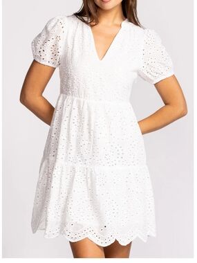 Pink Martini White Eyelet V-Neck Mini Dress with Puff Sleeves